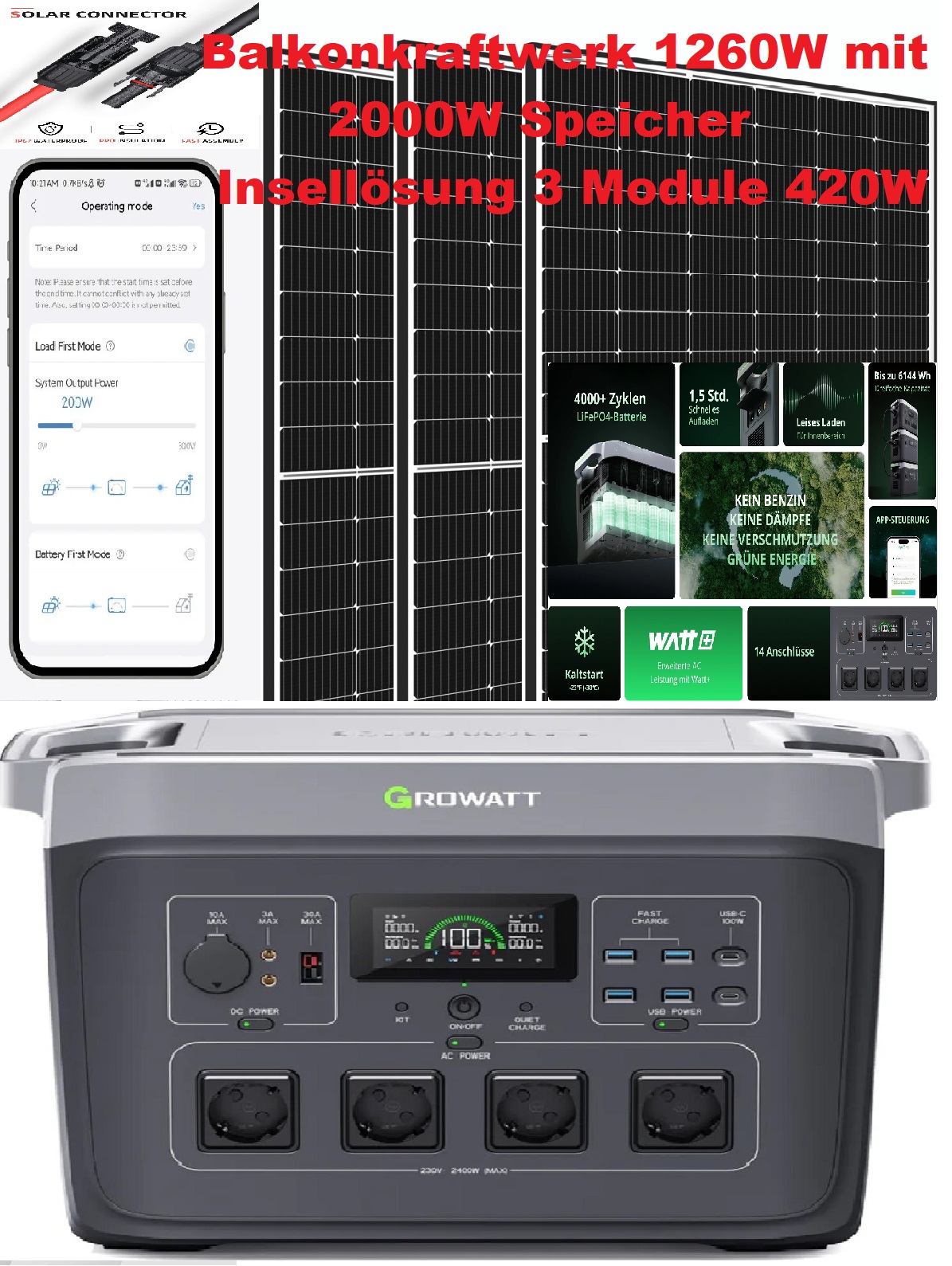 1260W Solaranlage Komplettpaket inkl. 2000W Speicher Garten Pool WIFI