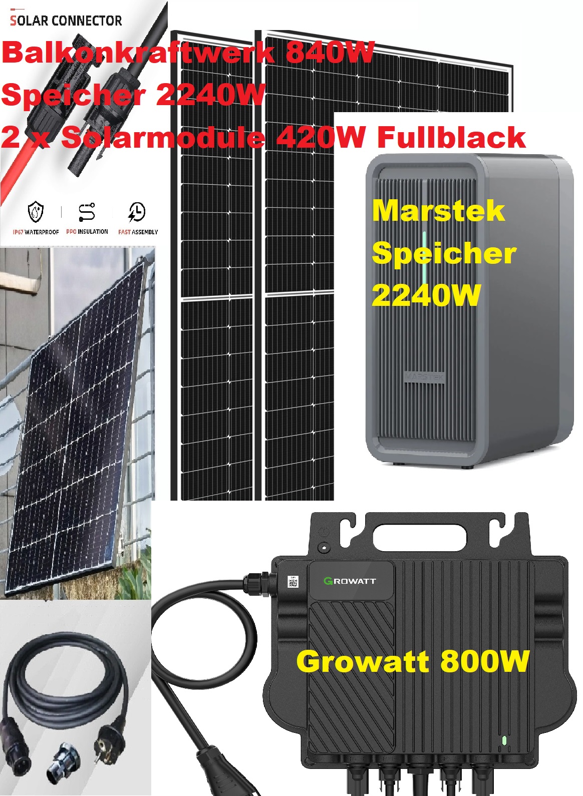 840W / 800W Balkonkraftwerk Solaranlage Growatt Mikro + Speicher 2240W