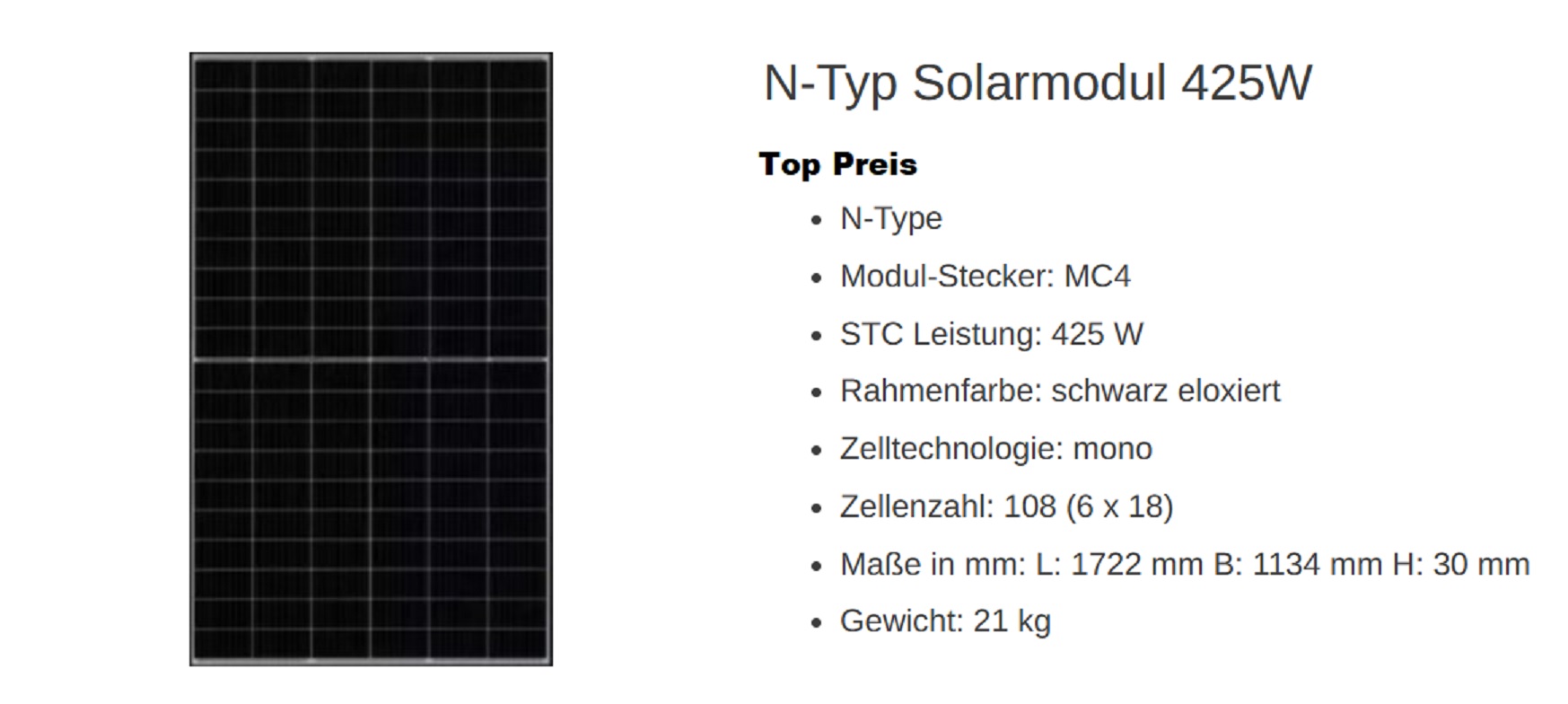 Solarpanel Solarmodul 425W MonoKristal 172 x 113 x 3 425W PV Modul Glas