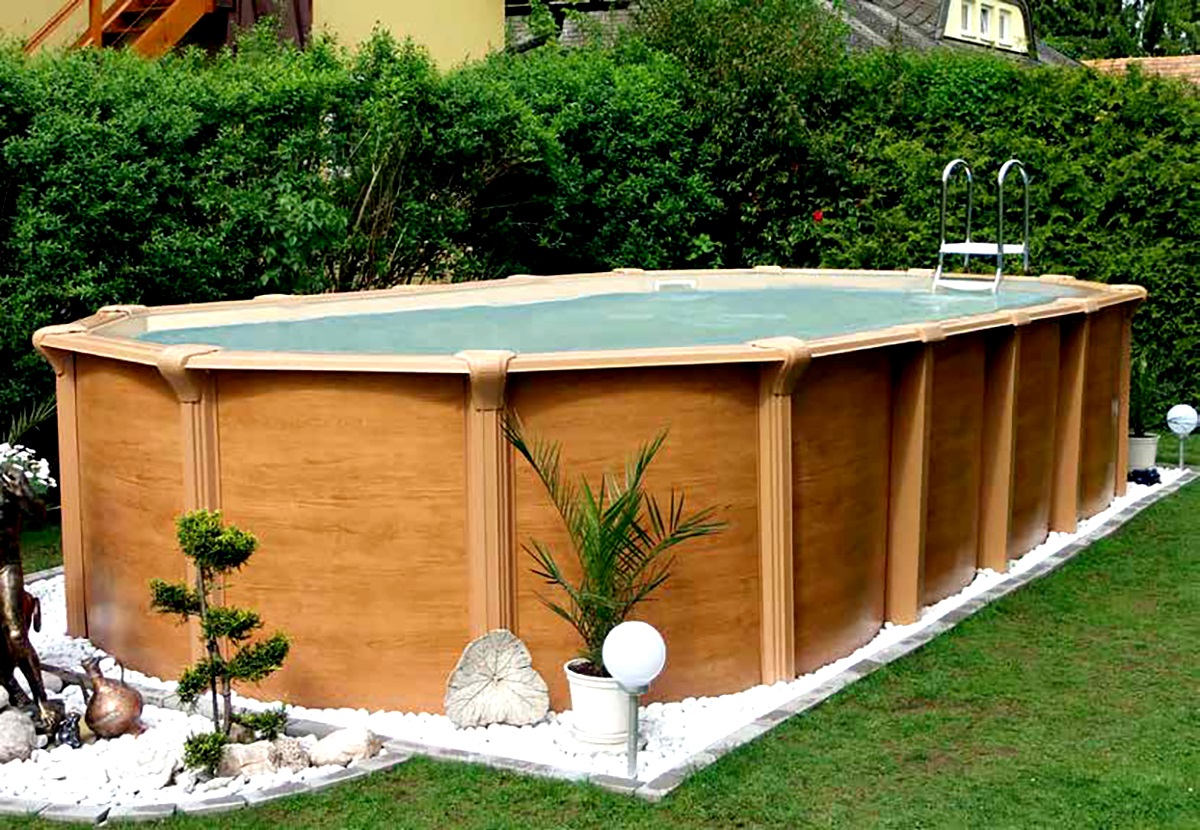 Pool 7,3 x 3,6 x 1,35m Holzdekor Oval Stahlwand Schwimmbecken breiter Handlauf
