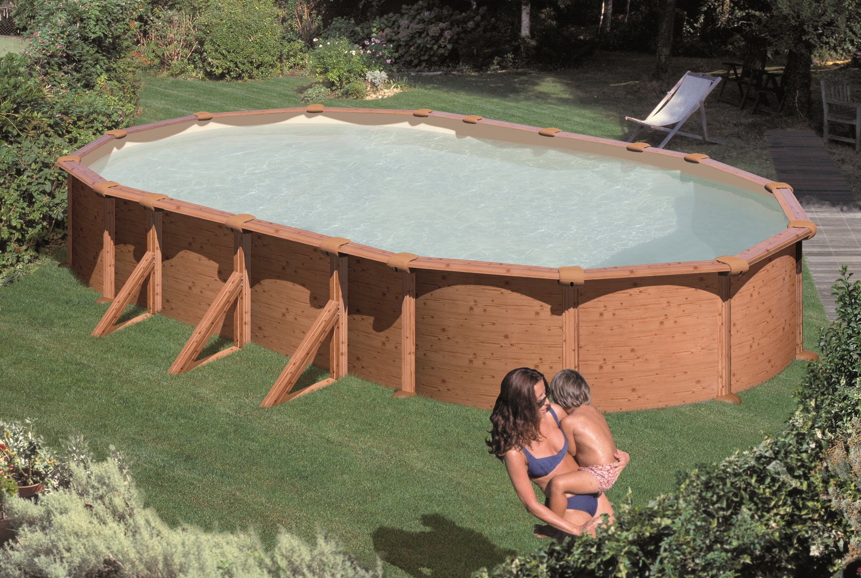 Pool  6,1x3,7x1,2m Oval Holzdekor Stahlwand Schwimmbecken Holzdekor