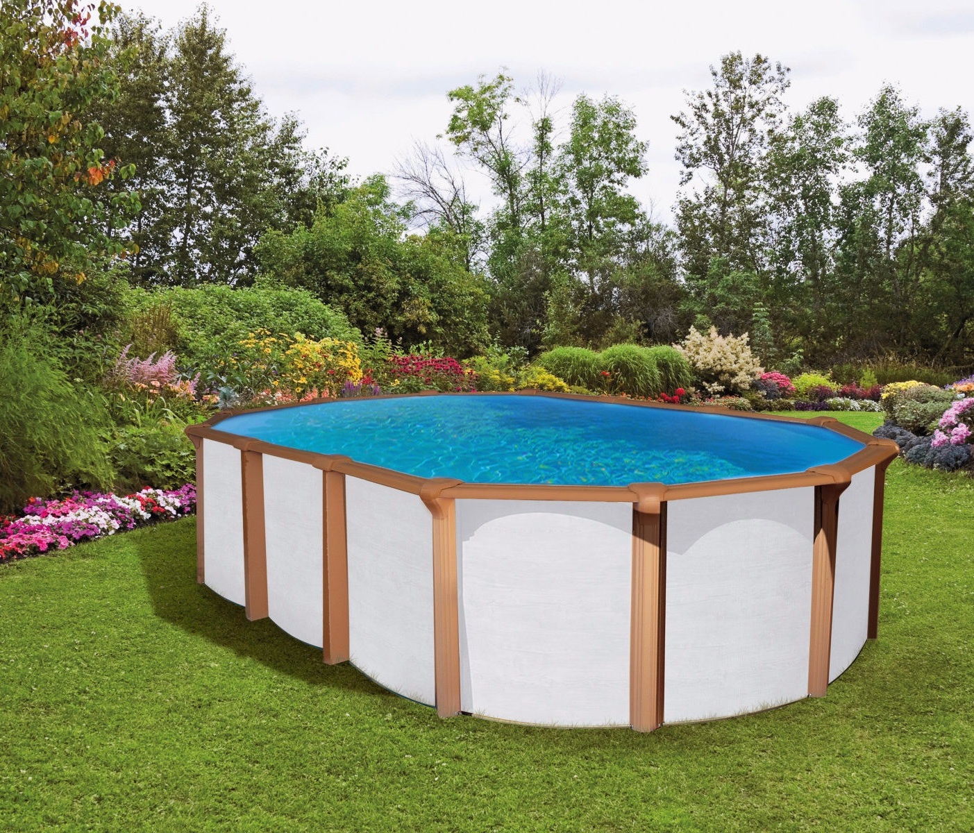 Pool 6,10 x 3,6 x 1,35m white wood Oval Stahlwand Schwimmbecken breiter Handlauf